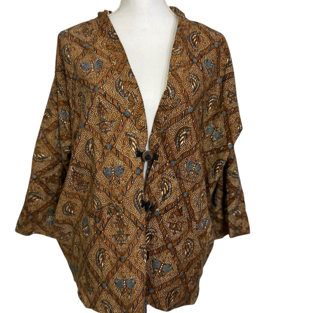 Vtg Indonesian Batik Jacket Dolman Brass Buttons XL 2XL